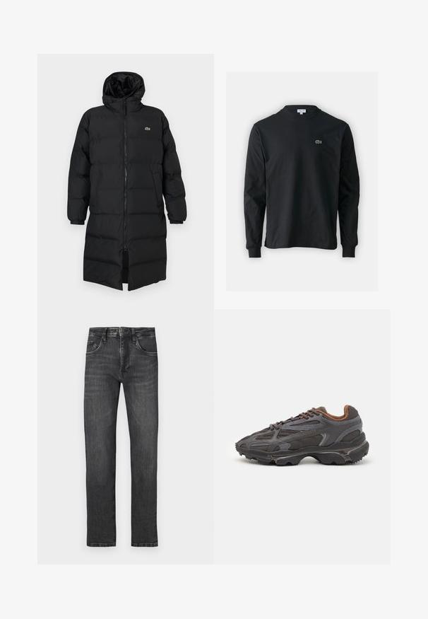 Crni zimski kaput s kapuljačom, s punim zatvaračem, dugim rukavima i dužinom do koljena. Mekana, kviltana tekstura s logom.; Crna majica dugih rukava od pamuka, s okruglim izrezom i malim zelenim izvezenim logotipom krokodila s lijeve strane prsnog dijela.; Tamno sivi traper hlače ravnog kroja, s pet džepova, pojasom s petljicama i suptilnim izblijedjenjem. Vidljivi šavovi.; Lacoste tenisice u tamno sivoj boji s mrežastim i sintetičkim materijalom, s teksturiranom potplatom i smešnim akcentima na ovratniku i brandiranju.
