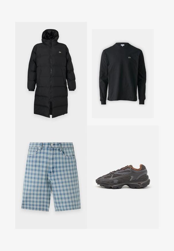 Mustahomeinen musta untuvatakki hupulla, jossa on täysipitkä vetoketju, pitkät hihat ja polvenpituinen malli. Pehmeä, tikkikuvioitu pinta logotiedolla.; Musta pitkähiha t-paita, joka on valmistettu puuvillasta. Paita on varustettu pyöreällä kaula-aukolla ja vasemmassa rinnassa on pieni vihreä brodeerattu krokotiililogo.; Vaaleansinisiä ruudullisia shortseja, joissa on puuvillasekoitekangaista valmistettu materiaali, viisi taskua, nappisuljenta ja rento malli. Pintakangas on sileä ja pehmeä.; Lacoste-tennar i mörkgrått med nät- och syntetmaterial, med en texturerad sula och bruna accenter på kragen och märket.