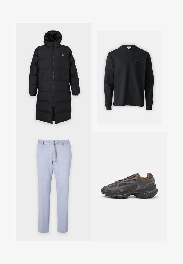 Black puffer coat with a hood, featuring a full zipper, long sleeves, and a knee-length design. Soft, quilted texture with logo detail.; Black long-sleeve t-shirt made of cotton, featuring a round neckline and a small green embroidered crocodile logo on the left chest.; Light blue casual pants, made of soft fabric, featuring a drawstring closure, button accent, and tapered leg design with a smooth texture.; Lacoste sneakers in dark gray with mesh and synthetic material, featuring a textured sole and brown accents on the collar and branding.