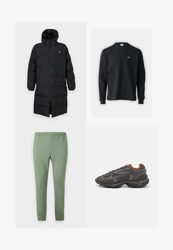 Zwarte pufferjas met een kap, voorzien van een volledige ritssluiting, lange mouwen en een lengte tot de knie. Zachte, gewatteerde textuur met logo-detail.; Zwarte longsleeve t-shirt van katoen, met een ronde halslijn en een klein groen geborduurd krokodillenlogo op de linkerborst.; Lichtgroene joggingsbroek van zachte stof, met een elastische tailleband, taps toelopende pijpen en ribbels aan de enkels.; Lacoste sneakers in donkergrijs van mesh en synthetisch materiaal, met een gestructureerde zool en bruine accenten op de kraag en branding.