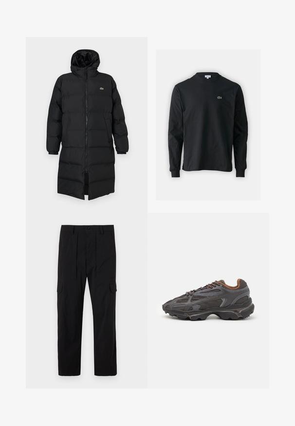 Zwarte pufferjas met een kap, voorzien van een volledige ritssluiting, lange mouwen en een lengte tot de knie. Zachte, gewatteerde textuur met logo-detail.; Zwarte longsleeve t-shirt van katoen, met een ronde halslijn en een klein groen geborduurd krokodillenlogo op de linkerborst.; Zwarte cargobroek van lichtgewicht stof, met een rechte pijpdesign, voorplooien, zijzakken en een knoopsluiting.; Lacoste sneakers in donkergrijs van mesh en synthetisch materiaal, met een gestructureerde zool en bruine accenten op de kraag en branding.