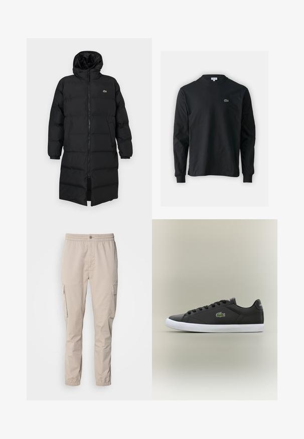 Czarna kurtka puchowa z kapturem, z pełnym zamkiem, długimi rękawami i długością sięgającą kolan. Miękka, pikowana tekstura z detalem logo.; Czarna koszulka z długim rękawem, wykonana z bawełny, z okrągłym dekoltem i małym haftowanym logo krokodyla w kolorze zielonym po lewej stronie klatki piersiowej.; Beżowe spodnie cargo z elastycznym pasem, zapięciem na guzik i kieszeniami bocznymi. Gładki materiał z zwężającymi się nogawkami i elastycznymi mankietami.; Czarne skórzane sneakersy z białą gumową podeszwą, z zielonym logo krokodyla i okrągłymi sznurówkami, o smukłym designie i gładkiej fakturze.