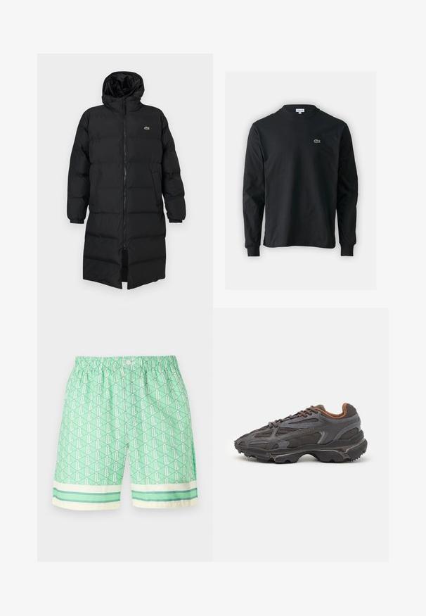 Crni zimski kaput s kapuljačom, s punim zatvaračem, dugim rukavima i dužinom do koljena. Mekana, kviltana tekstura s logom.; Crna majica dugih rukava od pamuka, s okruglim izrezom i malim zelenim izvezenim logotipom krokodila s lijeve strane prsnog dijela.; Zelene kupaćice sa uzorkom, elastičnom strukom i kopčanjem na dugme. Imaju geometrijski dizajn i prugasti rub sa svijetlim detaljima.; Lacoste tenisice u tamno sivoj boji s mrežastim i sintetičkim materijalom, s teksturiranom potplatom i smešnim akcentima na ovratniku i brandiranju.