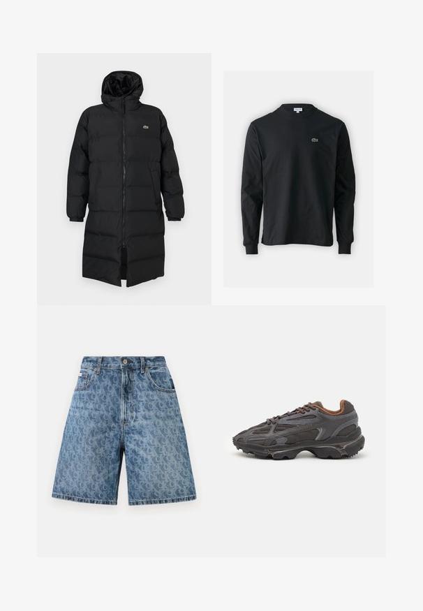 Melna pūkaina jaka ar kapuci, kas aprīkota ar pilnu rāvējslēdzēju, garām piedurknēm un ceļgala garuma dizainu. Mīksta, quiltēta tekstūra ar logotipa detaļu.; Melna garām piedurknēm t-krekls, izgatavots no kokvilnas, ar apaļu kakla izgriezumu un mazu zaļu izšūtu krokodila logo kreisajā krūtī.; Gaiši zili džinsu šorti ar smalku leoparda rakstu, ar klasisku jostu, jostas cilpiņām un priekšējām kabatām.; Lacoste kedas tumši pelēkā krāsā ar acu audumu un sintētisko materiālu, ar teksturētu zoli un brūniem akcentiem apkaklītē un zīmola uzrakstā.