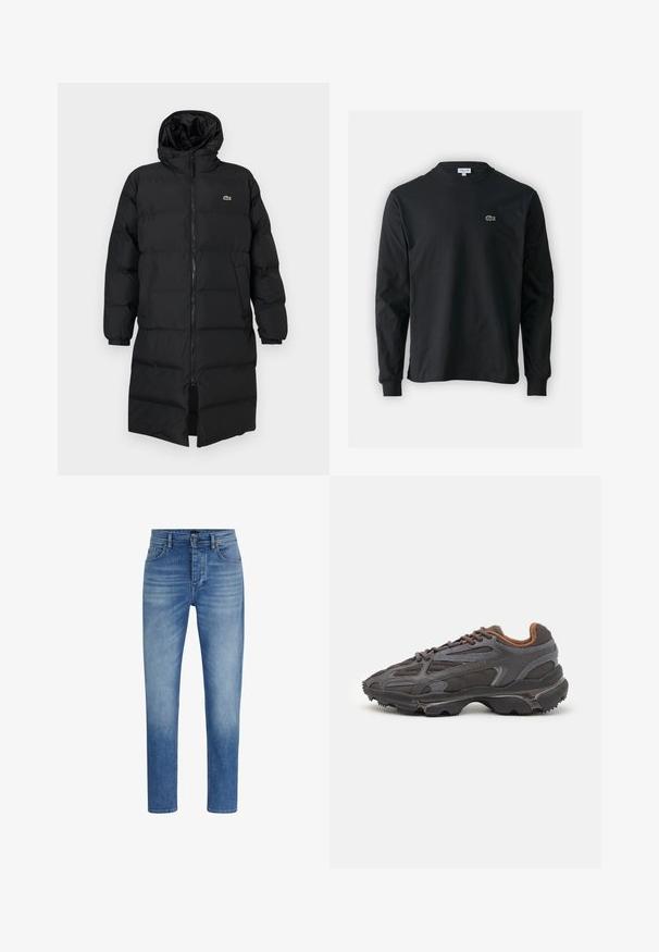 Must pufjakker, mille kapuutsiga, täispika tõmblukuga, pikkade varrukatega ja põlve pikkuses. Pehme, tikitud tekstuur, logodetailiga.; Must musta särk pikad varrukad, valmistatud puuvillast, ümar kaelus ja vasakul rinnal väike rohelise värvi tikandiga krokodillilogoga.; Sinine denim estüüdist sirge jala disainiga, kesk kõrgusega vöökoht, kerge kulumine ja klassikaline viie tasku stiil. Omab nupulukk.; Tumed hallid Lacoste tossud, mis on valmistatud võrkkangast ja sünteetilisest materjalist, omavad tekstureeritud talla ning pruune aktsente kaeluse ja brändingu juures.