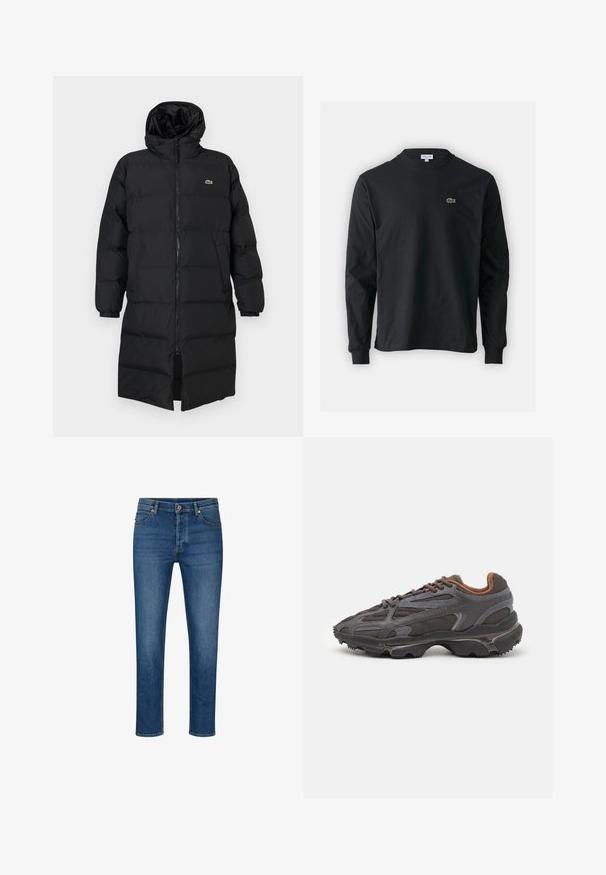 Črni napihnjen plašč s kapuco, ki ima poln zadrgo, dolge rokave in dolžino do kolen. Mehka, quilted tekstura z logotipom.; Črna dolgi rokavi majica iz bombaža, z okroglim ovratnikom in majhnim zelenim vezenim logotipom krokodila na levem prsnem delu.; Modri džins hlače s ravnim krojem, ki imajo pet žepov, zanke za pas in zapiranje na gumb. Lahek učinek obrabe in kontrastno šivanje.; Lacoste teniske v temno sivi barvi z mrežasto in sintetično prevleko, s teksturiranim podplatom in rjavimi detajli na ovratniku ter blagovni znamki.