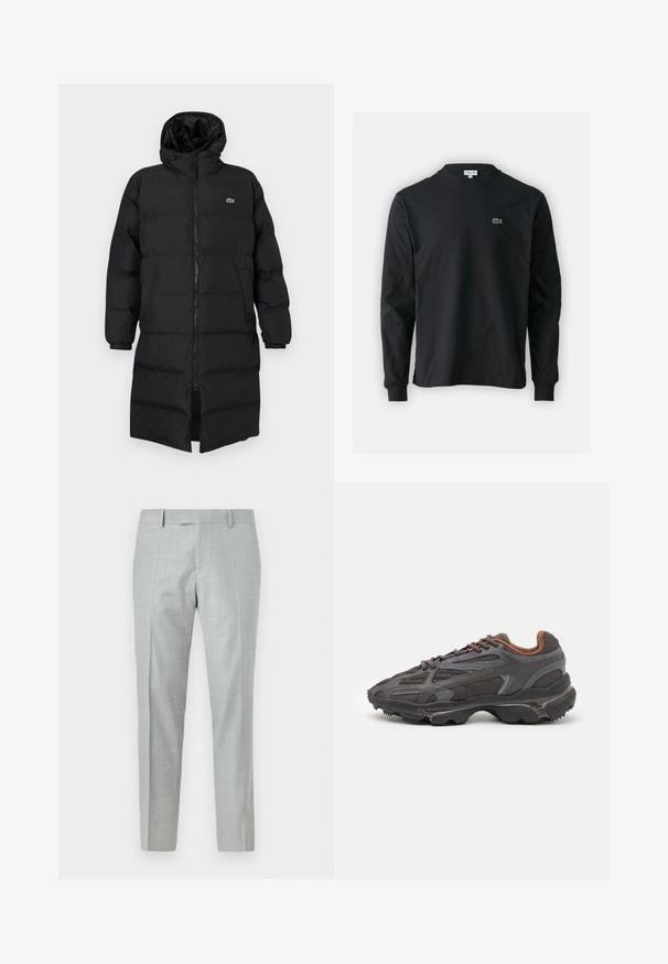 Black puffer coat with a hood, featuring a full zipper, long sleeves, and a knee-length design. Soft, quilted texture with logo detail.; Black long-sleeve t-shirt made of cotton, featuring a round neckline and a small green embroidered crocodile logo on the left chest.; Light grey tailored trousers made of fabric with a smooth texture. Features a subtle checked pattern, flat front, and straight legs.; Lacoste sneakers in dark gray with mesh and synthetic material, featuring a textured sole and brown accents on the collar and branding.