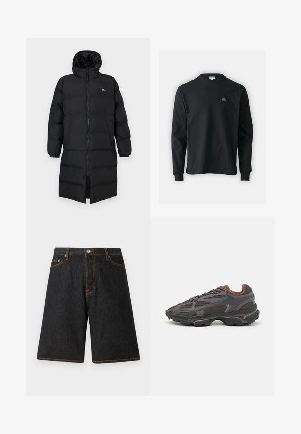 Černá péřová bunda s kapucí, s plným zipem, dlouhými rukávy a délkou po kolena. Měkká prošívaná textura s detailem loga.; Černé dlouhé rukávy triko vyrobené z bavlny, s kulatým výstřihem a malým zeleným vyšitým logem krokodýla na levé hrudi.; Černé džíny s krátkým nohavicemi a rovnými nohavicemi, s oranžovým prošitím, pěti kapsami a kovovým knoflíkem na zavírání v pase.; Sněrovací boty Lacoste v tmavě šedé barvě s síťovinou a syntetickým materiálem, prezentující texturovanou podrážku a hnědé detaily na límci a logu.
