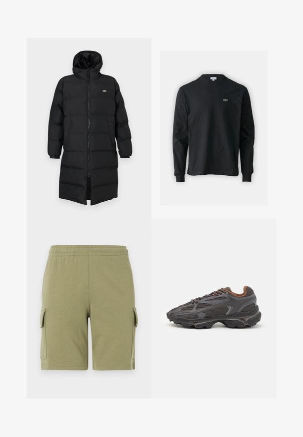 Melna pūkaina jaka ar kapuci, kas aprīkota ar pilnu rāvējslēdzēju, garām piedurknēm un ceļgala garuma dizainu. Mīksta, quiltēta tekstūra ar logotipa detaļu.; Melna garām piedurknēm t-krekls, izgatavots no kokvilnas, ar apaļu kakla izgriezumu un mazu zaļu izšūtu krokodila logo kreisajā krūtī.; Zaļas kokvilnas šorti ar elastīgu jostu, ar divām sānu kabatām un gludu tekstūru.; Lacoste kedas tumši pelēkā krāsā ar acu audumu un sintētisko materiālu, ar teksturētu zoli un brūniem akcentiem apkaklītē un zīmola uzrakstā.