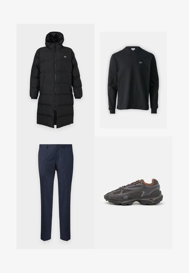 Juodas pūkinis paltas su kapišonu, su pilnu užtrauktuku, ilgomis rankovėmis ir iki kelių ilgio. Minkšta, siuvinėta tekstūra su logotipo detale.; Juodas ilgomis rankovėmis marškinėliai iš medvilnės, turintys apvalią iškirptę ir mažą žalią išsiuvinėtą krokodilo logotipą kairėje krūtinės pusėje.; Tamsiai mėlyni pritaikyti kelnės, pagamintos iš lygios medžiagos. Turi tiesią kojos dizainą su plokščiu priekiu ir šoniniais kišenėmis.; Lacoste sportbačiai tamsiai pilki, pagaminti iš tinklinės ir sintetinių medžiagų, su tekstūruotu padu ir rudomis detalėmis ant apykaklės bei prekės ženklo.