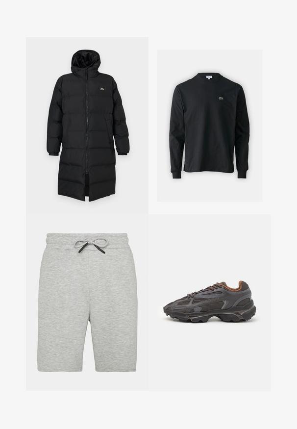 Piumino nero con cappuccio, caratterizzato da una zip completa, maniche lunghe e un design fino al ginocchio. Texture morbida e trapuntata con dettaglio del logo.; T-shirt a maniche lunghe nera in cotone, con scollatura rotonda e un piccolo logo di coccodrillo ricamato in verde sul lato sinistro del petto.; Pantaloni corti in cotone misto grigio con vita elasticizzata e coulisse regolabile. Texture liscia e taglio fino al ginocchio. Design minimalista.; Sneaker Lacoste grigie scure in materiale mesh e sintetico, con suola testurizzata e dettagli marroni sul colletto e sul branding.