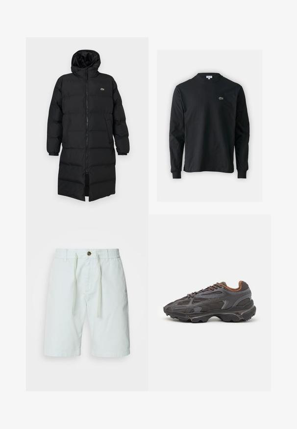 Fekete, kapucnis puffertakó, teljes cipzárral, hosszú ujjakkal és térd hosszig érő fazonnal. Puha, steppelt textúra logó részlettel.; Fekete hosszú ujjú pamut póló, kerek nyakkivágással, bal mellen egy kis zöld hímzett krokodil logóval.; Világos zöld pamut rövidnadrág, elasztikus derékkal és húzózsinórral. Gombos záródással, oldalsó zsebekkel és egyenes szabással rendelkezik.; Sötét szürke Lacoste sportcipők hálós és szintetikus anyagból, textúrázott talppal és barna díszítésekkel a nyak részen és a logón.