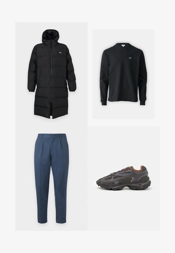 Black puffer coat with a hood, featuring a full zipper, long sleeves, and a knee-length design. Soft, quilted texture with logo detail.; Black long-sleeve t-shirt made of cotton, featuring a round neckline and a small green embroidered crocodile logo on the left chest.; Navy blue tailored trousers with a flat front, pleats, and a tapered leg. Made of textured fabric with a smooth finish. No visible pockets.; Lacoste sneakers in dark gray with mesh and synthetic material, featuring a textured sole and brown accents on the collar and branding.