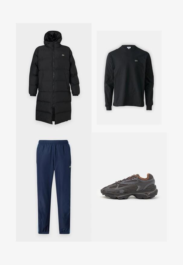 Svart dunjakke med hette, med hel glidelås, lange ermer og knelengde. Myk, quiltet tekstur med logodetalj.; Svart langermet T-skjorte laget av bomull, med rund hals og en liten grønn brodert krokodillelogo på venstre bryst.; Marineblå treningsbukser med elastisk midje, innsnevret ben og lyseblå detaljer langs sidene; laget av et lett og glatt materiale.; Lacoste-sneakers i mørkegrått med mesh- og syntetisk materiale, med en teksturert såle og brune detaljer på kragen og merket.