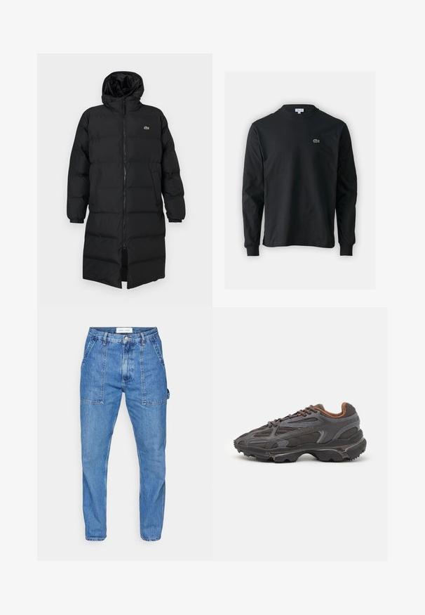 Mustahomeinen musta untuvatakki hupulla, jossa on täysipitkä vetoketju, pitkät hihat ja polvenpituinen malli. Pehmeä, tikkikuvioitu pinta logotiedolla.; Musta pitkähiha t-paita, joka on valmistettu puuvillasta. Paita on varustettu pyöreällä kaula-aukolla ja vasemmassa rinnassa on pieni vihreä brodeerattu krokotiililogo.; Vaaleansiniset farkut, joissa on korkea vyötärö, suorat lahkeet ja etupussit. Ominaisuuksina on kontrastivärinen tikkaus ja nappikiinnitys.; Lacoste-tennar i mörkgrått med nät- och syntetmaterial, med en texturerad sula och bruna accenter på kragen och märket.