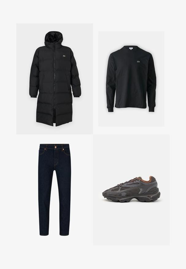 Fekete, kapucnis puffertakó, teljes cipzárral, hosszú ujjakkal és térd hosszig érő fazonnal. Puha, steppelt textúra logó részlettel.; Fekete hosszú ujjú pamut póló, kerek nyakkivágással, bal mellen egy kis zöld hímzett krokodil logóval.; Sötétkék farmernadrág slim fit szabással, kontrasztos narancssárga varrással és klasszikus gombos zárással. Elől zsebekkel és tapered lábakkal rendelkezik.; Sötét szürke Lacoste sportcipők hálós és szintetikus anyagból, textúrázott talppal és barna díszítésekkel a nyak részen és a logón.