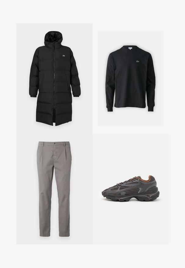 Mustahomeinen musta untuvatakki hupulla, jossa on täysipitkä vetoketju, pitkät hihat ja polvenpituinen malli. Pehmeä, tikkikuvioitu pinta logotiedolla.; Musta pitkähiha t-paita, joka on valmistettu puuvillasta. Paita on varustettu pyöreällä kaula-aukolla ja vasemmassa rinnassa on pieni vihreä brodeerattu krokotiililogo.; Harmaat puuvillahousut suoran lahkeen muotoilulla, varustettu napilla kiinnityksellä, pleeteillä ja sivutaskuilla. Silkkinen pinta vähäisellä yksityiskohtaisuudella.; Lacoste-tennar i mörkgrått med nät- och syntetmaterial, med en texturerad sula och bruna accenter på kragen och märket.