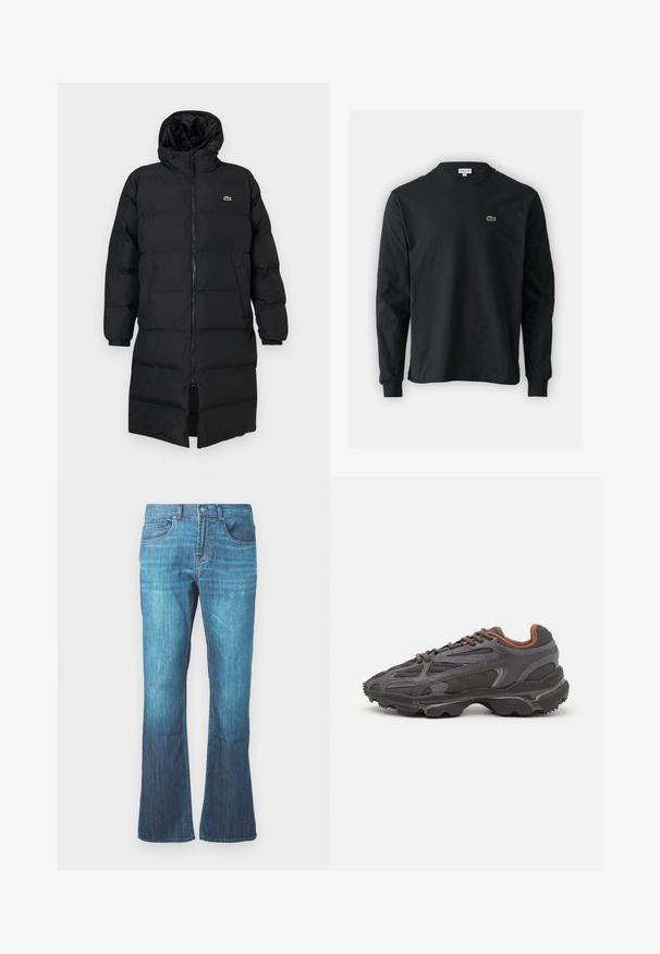 Geacă puffer neagră cu glugă, dotată cu fermoar complet, mâneci lungi și un design până la genunchi. Textură moale, matlasată, cu detalii ale logo-ului.; Tricou negru cu mânecă lungă, realizat din bumbac, cu un guler rotund și un mic logo brodat cu un crocodil verde pe partea stângă a pieptului.; Jeansi din denim cu spălare albastru mediu, cu o ușoară evazare la baza piciorului, design clasic cu cinci buzunare și închidere frontală cu nasture și fermoar.; Adidași Lacoste de culoare gri închis, din material mesh și sintetic, cu o talpă texturată și accente maronii pe guler și branding.
