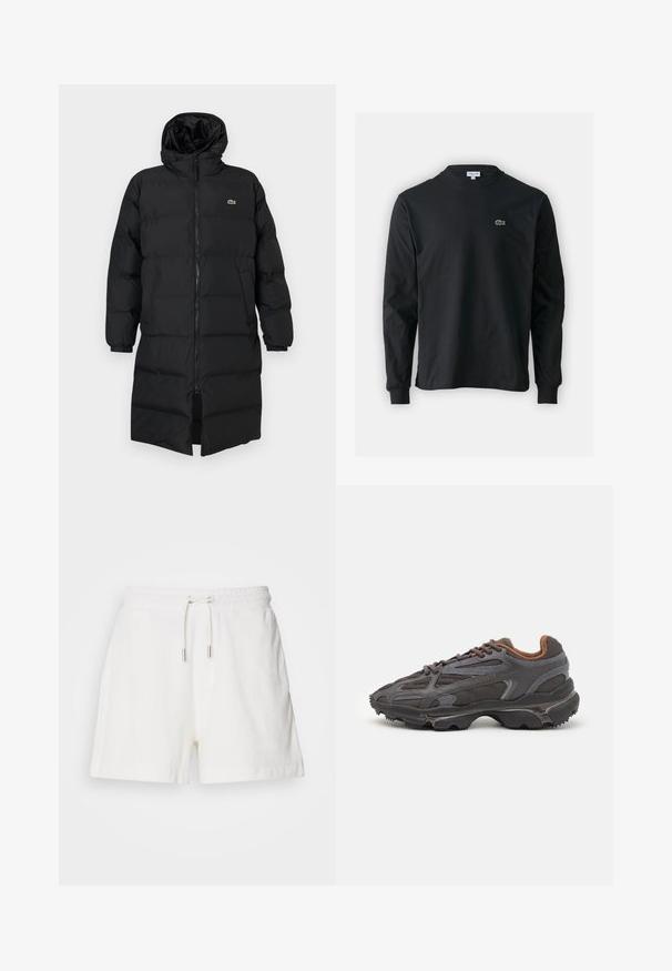 Manteau en duvet noir avec capuche, doté d'une fermeture éclair intégrale, de manches longues et d'un design long jusqu'aux genoux. Texture douce matelassée avec un détail de logo.; T-shirt noir à manches longues en coton, avec un col rond et un petit logo de crocodile brodé vert sur la poitrine gauche.; Shorts en coton blanc, doux et pelucheux, avec une taille élastique, un cordon de serrage ajustable et des poches latérales. Texture lisse, coupe décontractée et longueur mi-cuisse.; Baskets Lacoste en gris foncé, en matériau mesh et synthétique, avec une semelle texturée et des accents marron sur le col et le branding.