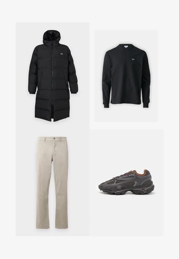 Zwarte pufferjas met een kap, voorzien van een volledige ritssluiting, lange mouwen en een lengte tot de knie. Zachte, gewatteerde textuur met logo-detail.; Zwarte longsleeve t-shirt van katoen, met een ronde halslijn en een klein groen geborduurd krokodillenlogo op de linkerborst.; Beige katoenen chinos met een recht model, voorzien van een knoopsluiting en voorzakken. Gladde textuur met subtiele stikdetails.; Lacoste sneakers in donkergrijs van mesh en synthetisch materiaal, met een gestructureerde zool en bruine accenten op de kraag en branding.