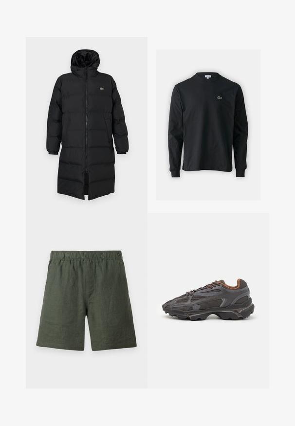 Crni zimski kaput s kapuljačom, s punim zatvaračem, dugim rukavima i dužinom do koljena. Mekana, kviltana tekstura s logom.; Crna majica dugih rukava od pamuka, s okruglim izrezom i malim zelenim izvezenim logotipom krokodila s lijeve strane prsnog dijela.; Zelene lanene kratke hlače s elastičnom trakom u struku, ravnog kroja, glatke teksture, s jednostavnim šavovima bez dodatnih ukrasa.; Lacoste tenisice u tamno sivoj boji s mrežastim i sintetičkim materijalom, s teksturiranom potplatom i smešnim akcentima na ovratniku i brandiranju.