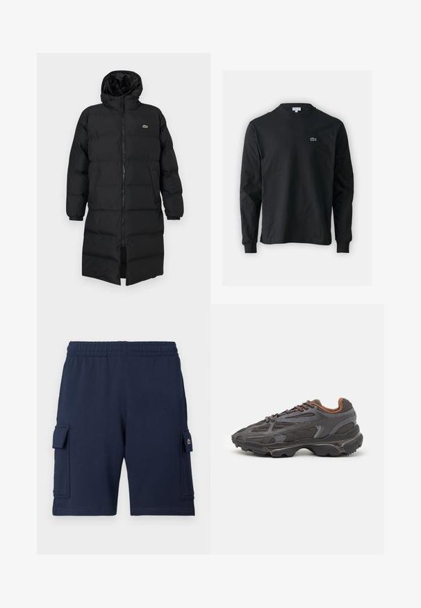 Casaco puffer preto com capuz, apresentando um fecho de correr completo, mangas longas e um design até ao joelho. Textura suave e acolchoada com detalhe do logotipo.; Camisola preta de manga longa feita de algodão, com decote redondo e um pequeno logótipo de crocodilo bordado em verde no lado esquerdo do peito.; Calções cargo azul-marinho feitos de tecido macio, com cintura elástica, dois bolsos laterais e um pequeno logótipo no bolso esquerdo.; Ténis Lacoste em cinza-escuro com material em malha e sintético, apresentando uma sola texturizada e detalhes castanhos na gola e na marca.