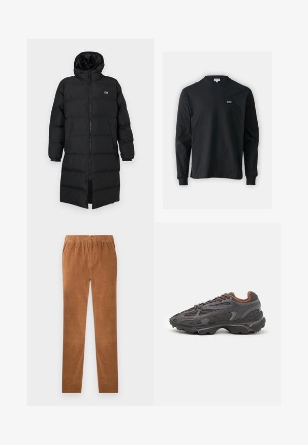 Črni napihnjen plašč s kapuco, ki ima poln zadrgo, dolge rokave in dolžino do kolen. Mehka, quilted tekstura z logotipom.; Črna dolgi rokavi majica iz bombaža, z okroglim ovratnikom in majhnim zelenim vezenim logotipom krokodila na levem prsnem delu.; Rjave kanelirane hlače z elastičnim pasom, z gumbom za zapiranje. Ravne nogavice in mehka, teksturirana tkanina.; Lacoste teniske v temno sivi barvi z mrežasto in sintetično prevleko, s teksturiranim podplatom in rjavimi detajli na ovratniku ter blagovni znamki.