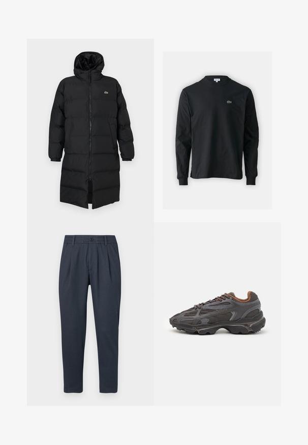 Black puffer coat with a hood, featuring a full zipper, long sleeves, and a knee-length design. Soft, quilted texture with logo detail.; Black long-sleeve t-shirt made of cotton, featuring a round neckline and a small green embroidered crocodile logo on the left chest.; Dark blue trousers with a textured fabric, flat front, and tapered leg design. Features a button closure and side pockets.; Lacoste sneakers in dark gray with mesh and synthetic material, featuring a textured sole and brown accents on the collar and branding.