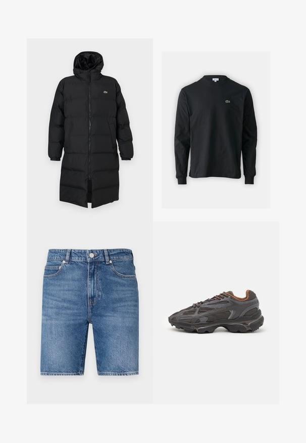 Crni zimski kaput s kapuljačom, s punim zatvaračem, dugim rukavima i dužinom do koljena. Mekana, kviltana tekstura s logom.; Crna majica dugih rukava od pamuka, s okruglim izrezom i malim zelenim izvezenim logotipom krokodila s lijeve strane prsnog dijela.; Denim kratke hlače u srednjoj plavoj boji s ravnim krojem, dizajnom s pet džepova i zatvaranjem na gornji gumb. Sadrže kontrastne šavove.; Lacoste tenisice u tamno sivoj boji s mrežastim i sintetičkim materijalom, s teksturiranom potplatom i smešnim akcentima na ovratniku i brandiranju.