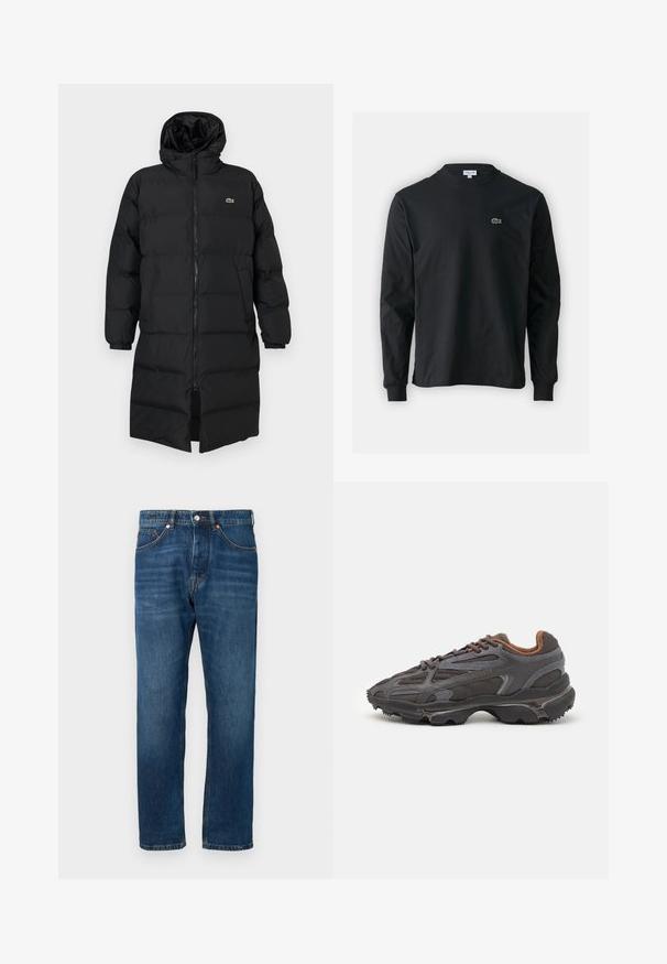 Črni napihnjen plašč s kapuco, ki ima poln zadrgo, dolge rokave in dolžino do kolen. Mehka, quilted tekstura z logotipom.; Črna dolgi rokavi majica iz bombaža, z okroglim ovratnikom in majhnim zelenim vezenim logotipom krokodila na levem prsnem delu.; Modre kavbojke s ravnim krojem nogavic, srednjim pasom in oranžnimi šivi. Imajo klasično zasnovo s petimi žepi in gumbastim zapiranjem.; Lacoste teniske v temno sivi barvi z mrežasto in sintetično prevleko, s teksturiranim podplatom in rjavimi detajli na ovratniku ter blagovni znamki.