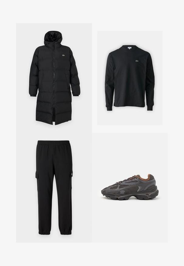 Črni napihnjen plašč s kapuco, ki ima poln zadrgo, dolge rokave in dolžino do kolen. Mehka, quilted tekstura z logotipom.; Črna dolgi rokavi majica iz bombaža, z okroglim ovratnikom in majhnim zelenim vezenim logotipom krokodila na levem prsnem delu.; Črne trenirke z elastičnim pasom, zoženimi konci in stranskimi cargo žepi. Narejene iz mehkega materiala z gladko teksturo.; Lacoste teniske v temno sivi barvi z mrežasto in sintetično prevleko, s teksturiranim podplatom in rjavimi detajli na ovratniku ter blagovni znamki.
