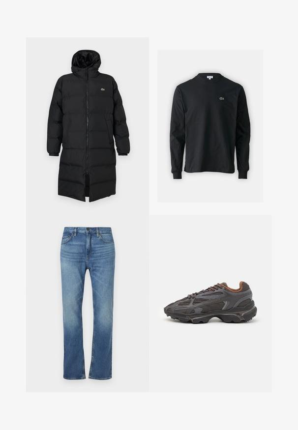 Must pufjakker, mille kapuutsiga, täispika tõmblukuga, pikkade varrukatega ja põlve pikkuses. Pehme, tikitud tekstuur, logodetailiga.; Must musta särk pikad varrukad, valmistatud puuvillast, ümar kaelus ja vasakul rinnal väike rohelise värvi tikandiga krokodillilogoga.; Sinine denimist valmistatud sirgete jalgadega teksapüksid. Omavad viit taskut, nööbiga sulgemist ning vaikset pleekimist ees ja taga.; Tumed hallid Lacoste tossud, mis on valmistatud võrkkangast ja sünteetilisest materjalist, omavad tekstureeritud talla ning pruune aktsente kaeluse ja brändingu juures.