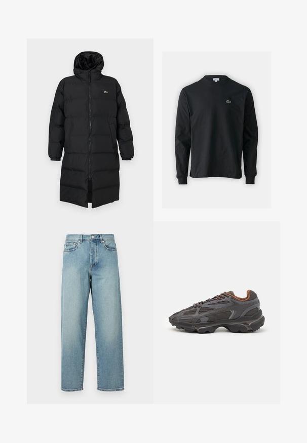 Juodas pūkinis paltas su kapišonu, su pilnu užtrauktuku, ilgomis rankovėmis ir iki kelių ilgio. Minkšta, siuvinėta tekstūra su logotipo detale.; Juodas ilgomis rankovėmis marškinėliai iš medvilnės, turintys apvalią iškirptę ir mažą žalią išsiuvinėtą krokodilo logotipą kairėje krūtinės pusėje.; Šviesiai mėlynos džinsinės kelnės su laisvu siluetu, tiesiomis kojomis, penkių kišenių dizainu ir sagčių uždarymu juosmens srityje. Minimalistinis siuvinėjimo akcentas.; Lacoste sportbačiai tamsiai pilki, pagaminti iš tinklinės ir sintetinių medžiagų, su tekstūruotu padu ir rudomis detalėmis ant apykaklės bei prekės ženklo.