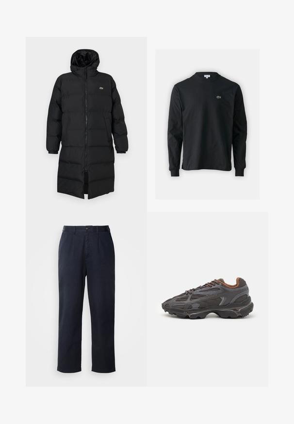 Μαύρο φουσκωτό παλτό με κουκούλα, διαθέτοντας πλήρες φερμουάρ, μακριά μανίκια και σχέδιο μέχρι το γόνατο. Μαλακή, υφασμάτινη υφή με λεπτομέρεια λογότυπου.; Μαύρο μπλουζάκι με μακριά μανίκια από βαμβάκι, με στρογγυλή λαιμόκοψη και μικρό πράσινο κεντητό λογότυπο κροκοδείλου στην αριστερή πλευρά του στήθους.; Σκούρο ναυτικό παντελόνι από βαμβάκι με ίσια γραμμή, διαθέτοντας πτυχές μπροστά, θηλιές για ζώνη και κλείσιμο με κουμπί στη μέση.; Αθλητικά παπούτσια Lacoste σε σκούρο γκρι χρώμα, κατασκευασμένα από διχτυωτό και συνθετικό υλικό, με ελαστική σόλα και καφέ λεπτομέρειες στον γιακά και στο branding.