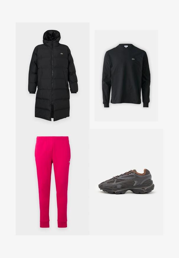 Μαύρο φουσκωτό παλτό με κουκούλα, διαθέτοντας πλήρες φερμουάρ, μακριά μανίκια και σχέδιο μέχρι το γόνατο. Μαλακή, υφασμάτινη υφή με λεπτομέρεια λογότυπου.; Μαύρο μπλουζάκι με μακριά μανίκια από βαμβάκι, με στρογγυλή λαιμόκοψη και μικρό πράσινο κεντητό λογότυπο κροκοδείλου στην αριστερή πλευρά του στήθους.; Ροζ παντελόνια jogging με ελαστική μέση, κομμένο στενά και μικρό λογότυπο στο πλάι. Κατασκευασμένα από μαλακό και λείο ύφασμα.; Αθλητικά παπούτσια Lacoste σε σκούρο γκρι χρώμα, κατασκευασμένα από διχτυωτό και συνθετικό υλικό, με ελαστική σόλα και καφέ λεπτομέρειες στον γιακά και στο branding.