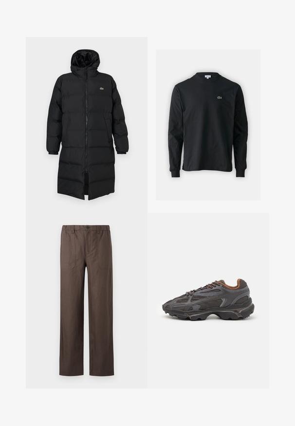 Črni napihnjen plašč s kapuco, ki ima poln zadrgo, dolge rokave in dolžino do kolen. Mehka, quilted tekstura z logotipom.; Črna dolgi rokavi majica iz bombaža, z okroglim ovratnikom in majhnim zelenim vezenim logotipom krokodila na levem prsnem delu.; Rjave široke hlače iz lahkega materiala. Imajo elastičen pas in dva sprednja žepa z pravokotnimi šivi.; Lacoste teniske v temno sivi barvi z mrežasto in sintetično prevleko, s teksturiranim podplatom in rjavimi detajli na ovratniku ter blagovni znamki.