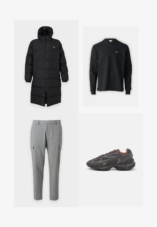 Fekete, kapucnis puffertakó, teljes cipzárral, hosszú ujjakkal és térd hosszig érő fazonnal. Puha, steppelt textúra logó részlettel.; Fekete hosszú ujjú pamut póló, kerek nyakkivágással, bal mellen egy kis zöld hímzett krokodil logóval.; Szürke tehernadrág, texturált anyagból készült, oldalzsebekkel, egyenes fazonnal és közepes derékvonallal. Ápolt varrás és láthatatlan minták.; Sötét szürke Lacoste sportcipők hálós és szintetikus anyagból, textúrázott talppal és barna díszítésekkel a nyak részen és a logón.