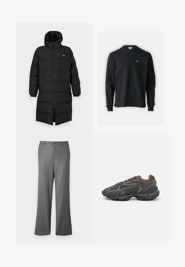 Piumino nero con cappuccio, caratterizzato da una zip completa, maniche lunghe e un design fino al ginocchio. Texture morbida e trapuntata con dettaglio del logo.; T-shirt a maniche lunghe nera in cotone, con scollatura rotonda e un piccolo logo di coccodrillo ricamato in verde sul lato sinistro del petto.; Pantaloni grigi a righe con vestibilità rilassata, dotati di chiusura con bottone, passanti per cintura e sottili righe azzurro chiaro su tutta la superficie.; Sneaker Lacoste grigie scure in materiale mesh e sintetico, con suola testurizzata e dettagli marroni sul colletto e sul branding.