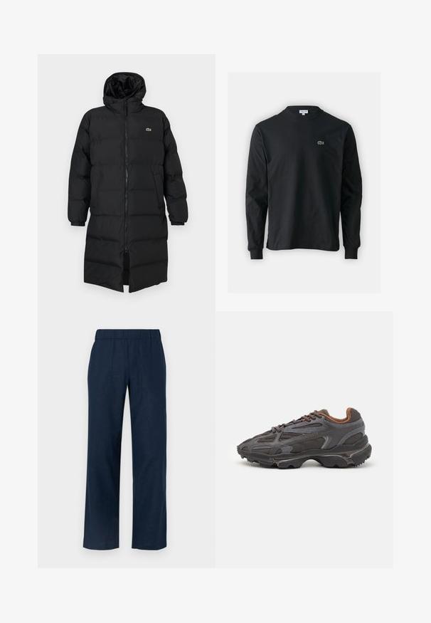 Sort pufferjakke med hætte, der har fuld lynlås, lange ærmer og knælængde. Blød, quiltet tekstur med logo-detalje.; Sort langærmet t-shirt lavet af bomuld, med rund halsudskæring og et lille grønt broderet krokodillelogo på venstre bryst.; Marineblå bredbenede bukser med elastisk talje, der har to forlommer og en glat, let stof tekstur.; Lacoste sneakers i mørkegrå med mesh og syntetisk materiale, udstyret med en tekstureret sål og brune accenter på kraven og brandingen.