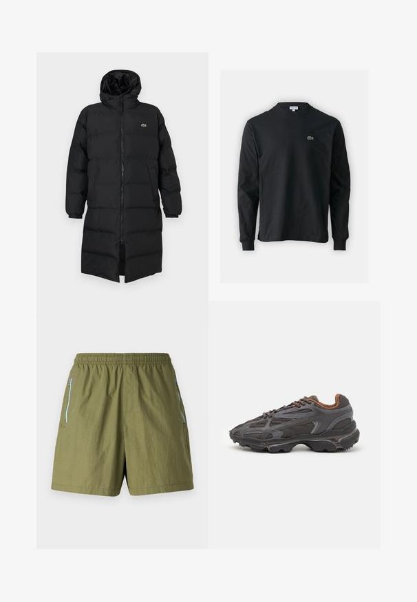 Fekete, kapucnis puffertakó, teljes cipzárral, hosszú ujjakkal és térd hosszig érő fazonnal. Puha, steppelt textúra logó részlettel.; Fekete hosszú ujjú pamut póló, kerek nyakkivágással, bal mellen egy kis zöld hímzett krokodil logóval.; Olíva zöld sort elasztikus derekával, oldalsó cipzáras zsebekkel és könnyű, texturált anyagból.; Sötét szürke Lacoste sportcipők hálós és szintetikus anyagból, textúrázott talppal és barna díszítésekkel a nyak részen és a logón.