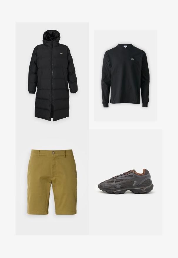Geacă puffer neagră cu glugă, dotată cu fermoar complet, mâneci lungi și un design până la genunchi. Textură moale, matlasată, cu detalii ale logo-ului.; Tricou negru cu mânecă lungă, realizat din bumbac, cu un guler rotund și un mic logo brodat cu un crocodil verde pe partea stângă a pieptului.; Shorts verzi măslinii dintr-un amestec de bumbac, cu închidere cu buton în față, bucle pentru curea și buzunare laterale. Textură netedă, croială ajustată.; Adidași Lacoste de culoare gri închis, din material mesh și sintetic, cu o talpă texturată și accente maronii pe guler și branding.