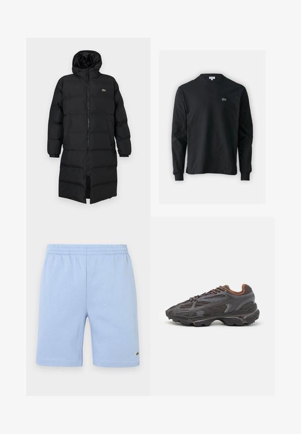 Abrigo acolchado negro con capucha, que presenta un cierre completo, mangas largas y un diseño hasta la rodilla. Textura suave y acolchada con detalle de logo.; Camiseta de manga larga negra de algodón, con escote redondo y un pequeño logo de cocodrilo bordado en verde en el lado izquierdo del pecho.; Pantalones cortos de algodón con cintura elástica de color azul claro, con un pequeño logo bordado de cocodrilo verde en la parte inferior de la pierna derecha.; Zapatillas Lacoste en gris oscuro con material de malla y sintético, que cuentan con una suela texturizada y detalles en marrón en el cuello y la marca.