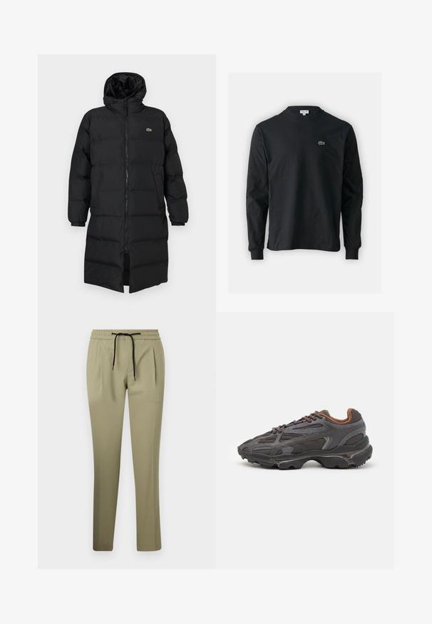 Black puffer coat with a hood, featuring a full zipper, long sleeves, and a knee-length design. Soft, quilted texture with logo detail.; Black long-sleeve t-shirt made of cotton, featuring a round neckline and a small green embroidered crocodile logo on the left chest.; Khaki trousers in a smooth fabric with a relaxed fit, featuring an elastic waistband and drawstring. Straight-leg design with side pleats.; Lacoste sneakers in dark gray with mesh and synthetic material, featuring a textured sole and brown accents on the collar and branding.