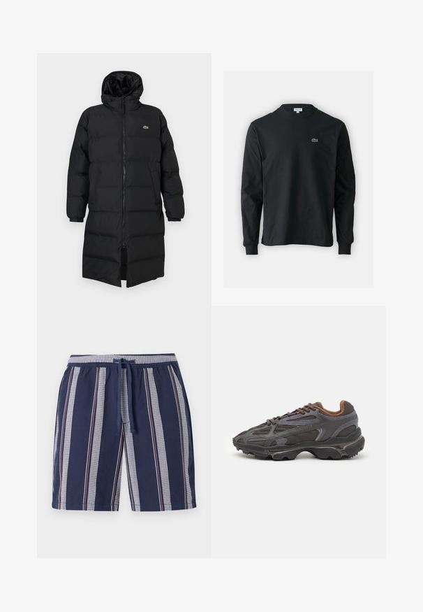 Black puffer coat with a hood, featuring a full zipper, long sleeves, and a knee-length design. Soft, quilted texture with logo detail.; Black long-sleeve t-shirt made of cotton, featuring a round neckline and a small green embroidered crocodile logo on the left chest.; Navy blue swimming shorts with vertical striped pattern in white and red, elastic waistband, and drawstring, made from lightweight fabric.; Lacoste sneakers in dark gray with mesh and synthetic material, featuring a textured sole and brown accents on the collar and branding.