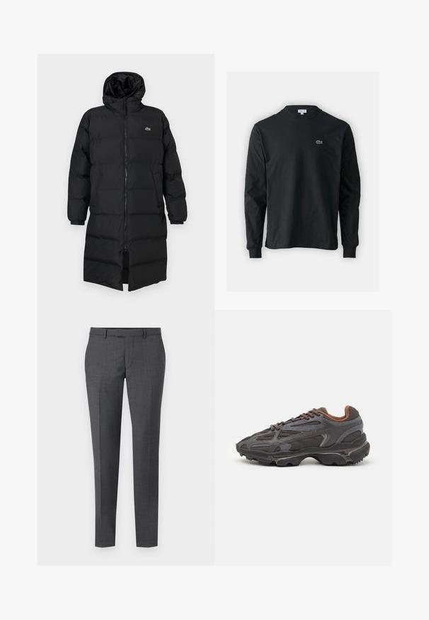 Black puffer coat with a hood, featuring a full zipper, long sleeves, and a knee-length design. Soft, quilted texture with logo detail.; Black long-sleeve t-shirt made of cotton, featuring a round neckline and a small green embroidered crocodile logo on the left chest.; Gray tailored trousers with a smooth texture, straight fit, flat front, and belt loops. Features a subtle check pattern and crease down the front.; Lacoste sneakers in dark gray with mesh and synthetic material, featuring a textured sole and brown accents on the collar and branding.