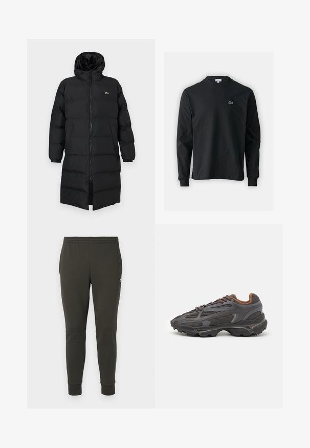 Črni napihnjen plašč s kapuco, ki ima poln zadrgo, dolge rokave in dolžino do kolen. Mehka, quilted tekstura z logotipom.; Črna dolgi rokavi majica iz bombaža, z okroglim ovratnikom in majhnim zelenim vezenim logotipom krokodila na levem prsnem delu.; Temnozeleni trenirke iz mehkega materiala, ki imajo elastičen pas, rebraste manšete in majhen logotip na strani.; Lacoste teniske v temno sivi barvi z mrežasto in sintetično prevleko, s teksturiranim podplatom in rjavimi detajli na ovratniku ter blagovni znamki.