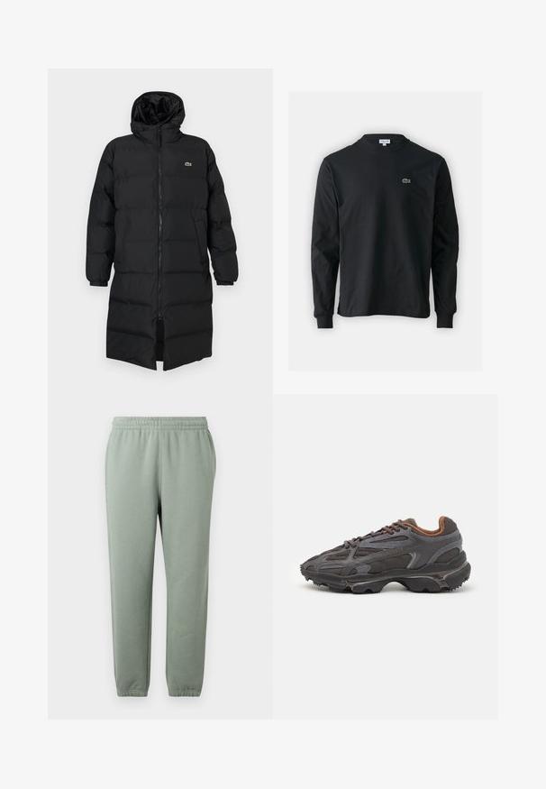 Fekete, kapucnis puffertakó, teljes cipzárral, hosszú ujjakkal és térd hosszig érő fazonnal. Puha, steppelt textúra logó részlettel.; Fekete hosszú ujjú pamut póló, kerek nyakkivágással, bal mellen egy kis zöld hímzett krokodil logóval.; Világos zöld melegítőnadrág, rugalmas derékpánttal, szűkített lábszárral és passzentos bokakivágással. Puha, könnyű anyagból készült.; Sötét szürke Lacoste sportcipők hálós és szintetikus anyagból, textúrázott talppal és barna díszítésekkel a nyak részen és a logón.