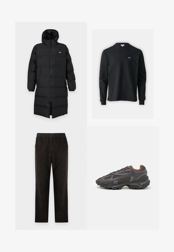 Melna pūkaina jaka ar kapuci, kas aprīkota ar pilnu rāvējslēdzēju, garām piedurknēm un ceļgala garuma dizainu. Mīksta, quiltēta tekstūra ar logotipa detaļu.; Melna garām piedurknēm t-krekls, izgatavots no kokvilnas, ar apaļu kakla izgriezumu un mazu zaļu izšūtu krokodila logo kreisajā krūtī.; Melnas korduroja bikses ar taisnu kāju dizainu, kas aprīkotas ar elastīgu jostasvietu un vienu pogu aizdari. Gluda tekstūra, minimāla apdare.; Lacoste kedas tumši pelēkā krāsā ar acu audumu un sintētisko materiālu, ar teksturētu zoli un brūniem akcentiem apkaklītē un zīmola uzrakstā.