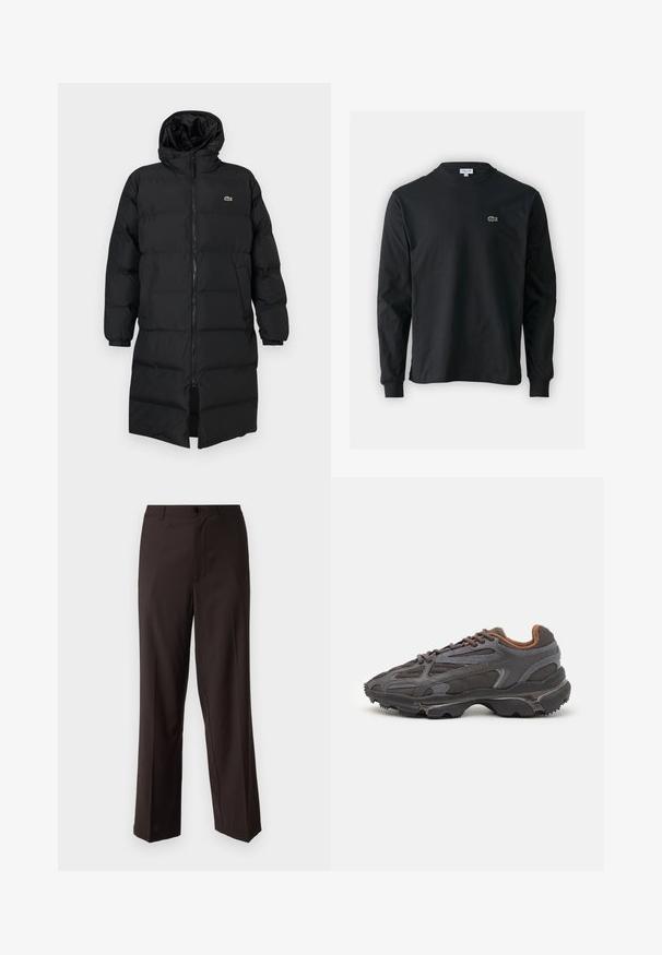 Schwarze Daunenjacke mit Kapuze, ausgestattet mit einem vollen Reißverschluss, langen Ärmeln und einem knielangen Schnitt. Weiche, gesteppten Textur mit Logodetail.; Schwarzes Langarm-T-Shirt aus Baumwolle, mit Rundhalsausschnitt und einem kleinen grünen, gestickten Krokodil-Logo auf der linken Brust.; Schwarze Hosen aus leichtem Material, mit flachem Frontdesign, einem einzelnen Knopfverschluss und geradem Bein mit dezenten Falten.; Lacoste Sneaker in Dunkelgrau aus Mesh und Synthetikmaterial, mit einer strukturierten Sohle und braunen Akzenten am Kragen und Logo.