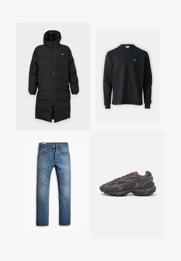 Must pufjakker, mille kapuutsiga, täispika tõmblukuga, pikkade varrukatega ja põlve pikkuses. Pehme, tikitud tekstuur, logodetailiga.; Must musta särk pikad varrukad, valmistatud puuvillast, ümar kaelus ja vasakul rinnal väike rohelise värvi tikandiga krokodillilogoga.; Heledsinise denimist teksased otse lõikega, viie tasku ja nööpidega sulgemisega. Kulunud tekstuur ja pleekinud alad.; Tumed hallid Lacoste tossud, mis on valmistatud võrkkangast ja sünteetilisest materjalist, omavad tekstureeritud talla ning pruune aktsente kaeluse ja brändingu juures.